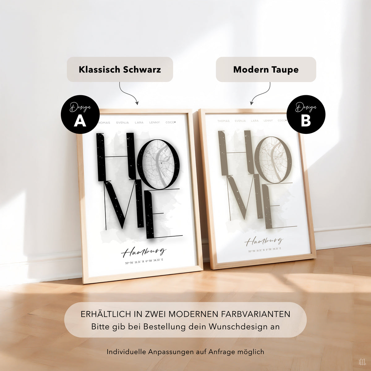 Personalisiertes HOME-Kartenposter in zwei Farbvarianten