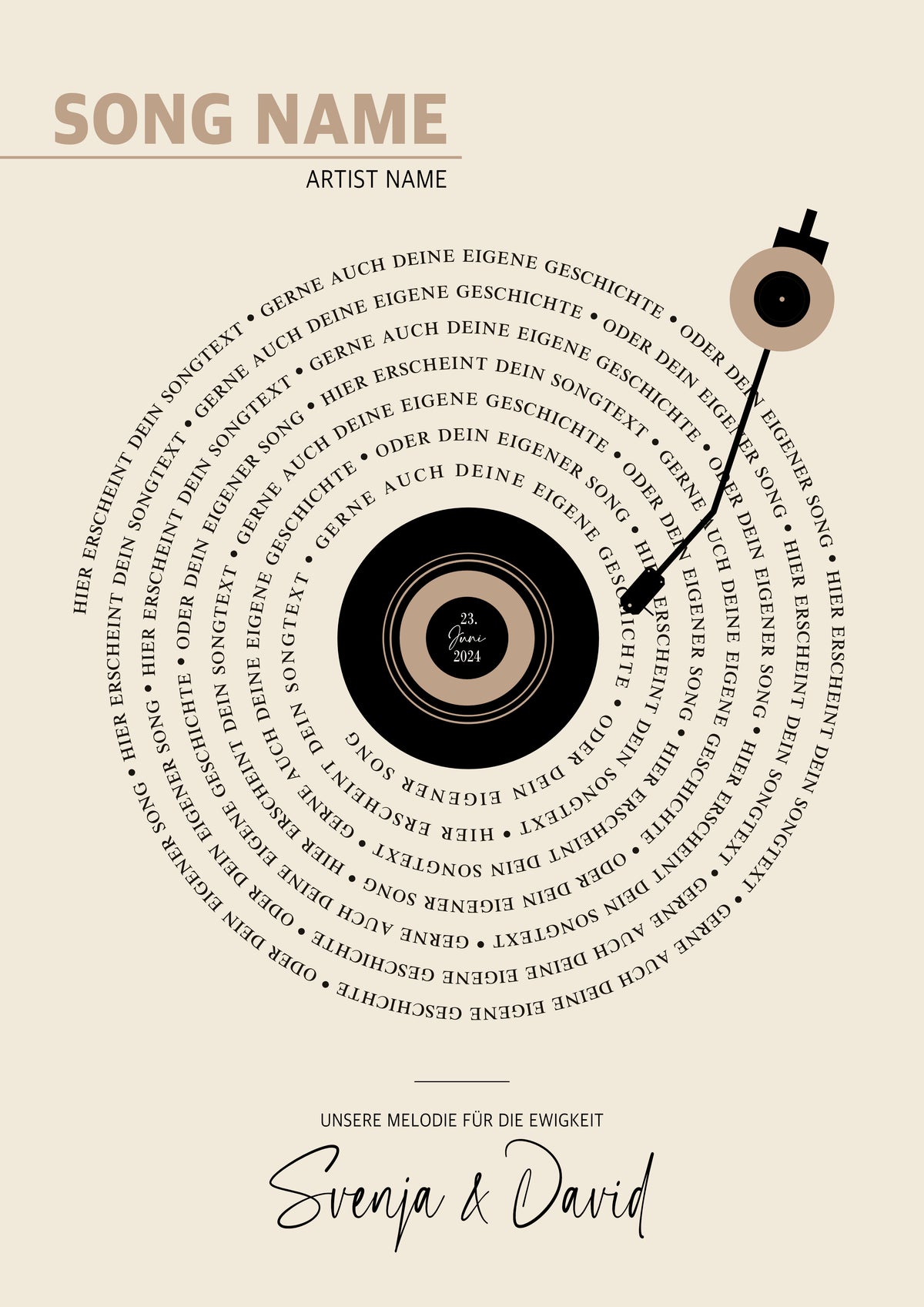 Personalisiertes Songtext-Poster im Vinyl-Look mit Kurztext