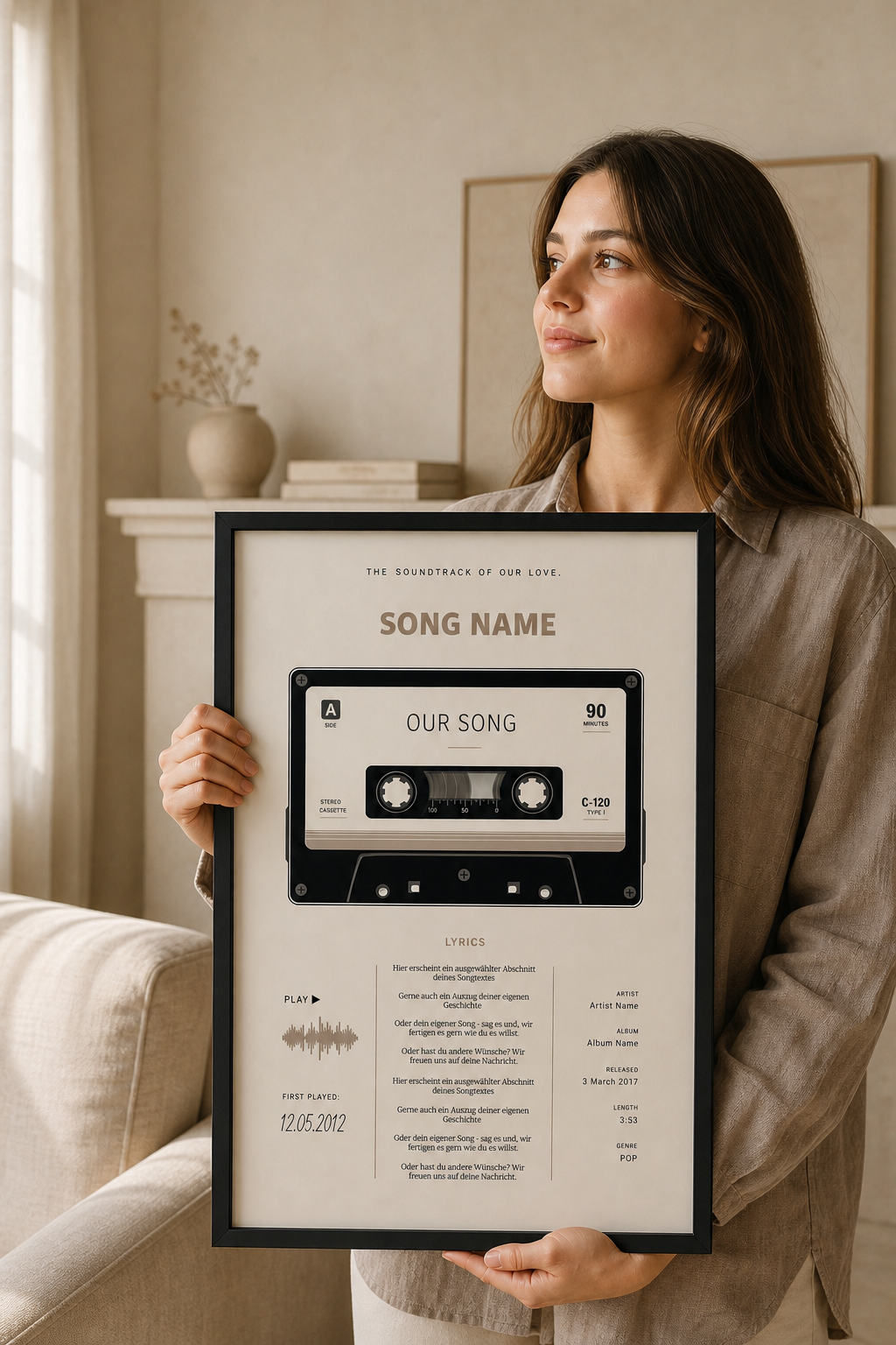 Personalisiertes Songposter im 90er-Kassetten-Look in einer hochwertigen MLineart Szene