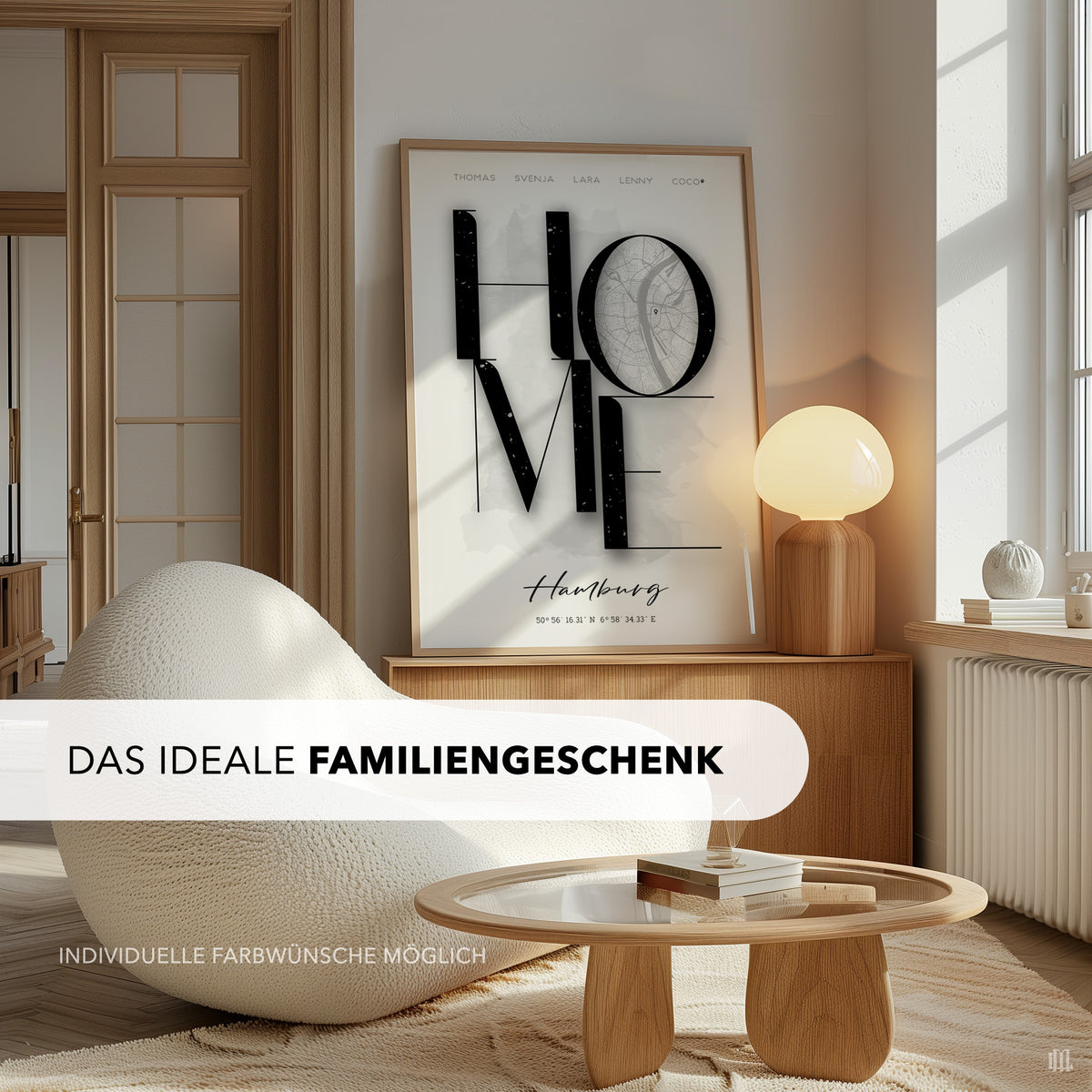 HOME-Kartenposter personalisiert mit Ortsname und Koordinaten
