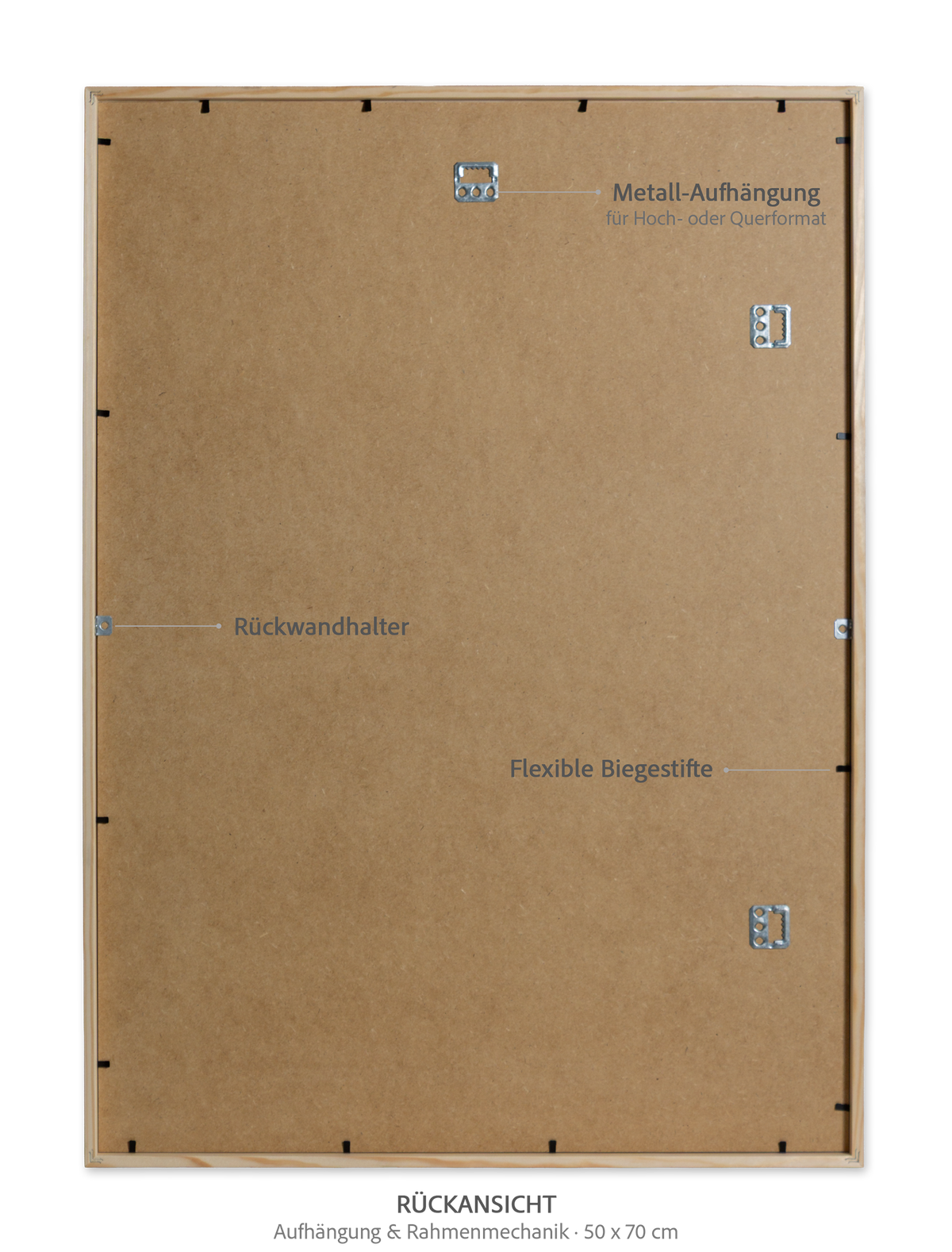 Echtholz-Bilderrahmen 50 × 70 cm – technische Rückseite mit Aufhängung